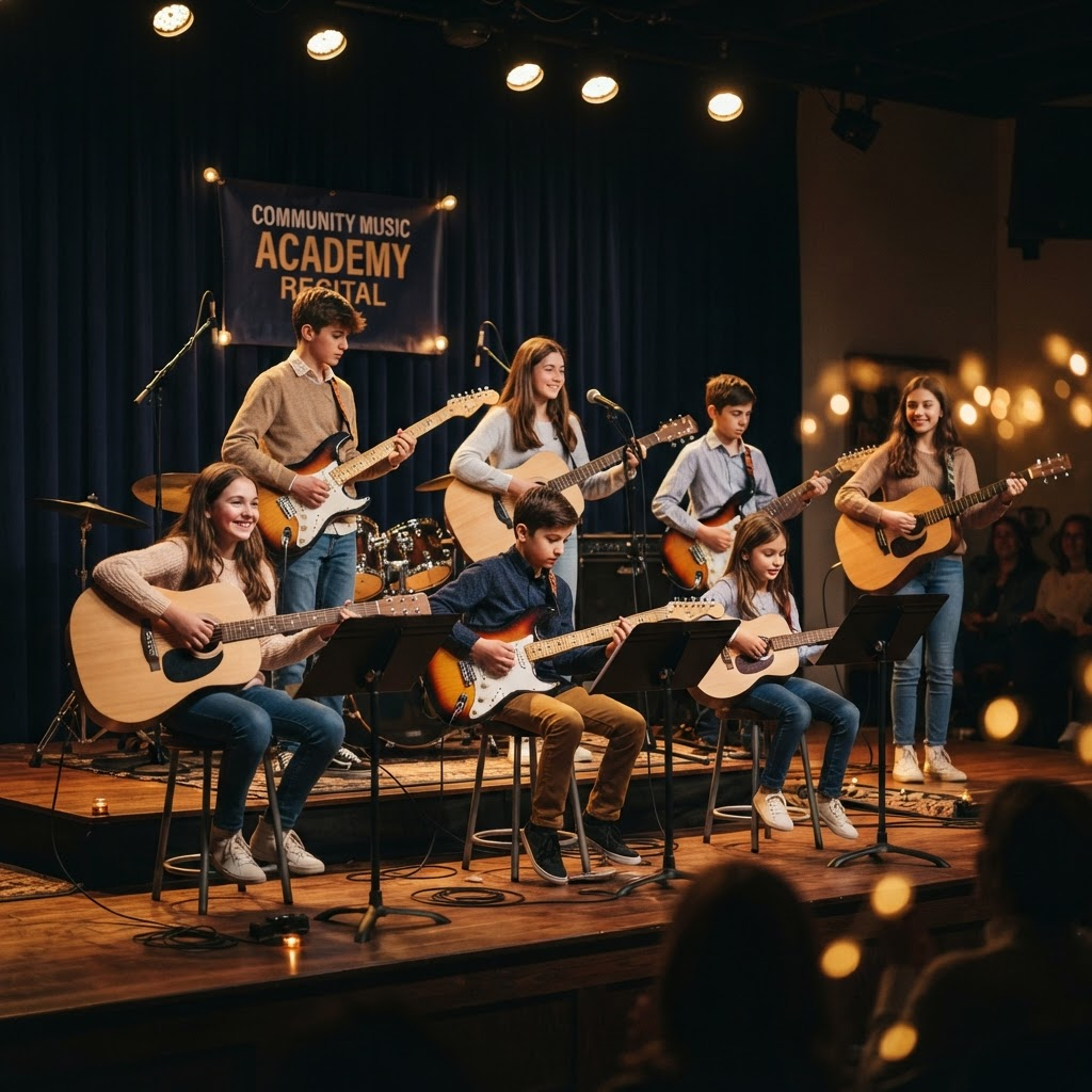 IOSA students performing on stage after structured music training
